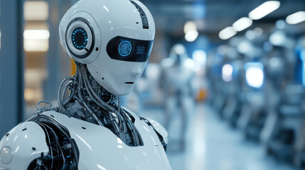Fototapeta premium Innovative robot technology enhances teamwork and efficiency in modern environments. This advanced humanoid robot showcases intricate design and functionality, embodying future of automation