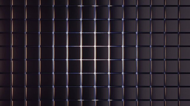 Abstract background, which is a grid of metal black cubes, through which a wave passes from right to left, tossing and rotating the cubes. Looped video footage in 4k, 3d render in dark backgrounds