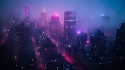 Fototapeta premium Dark city rooftops glowing with bright graffiti under foggy night picture