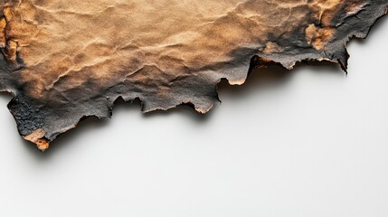 Fototapeta premium Close-up of a burnt piece of paper with charred edges, isolated on a crisp white background.