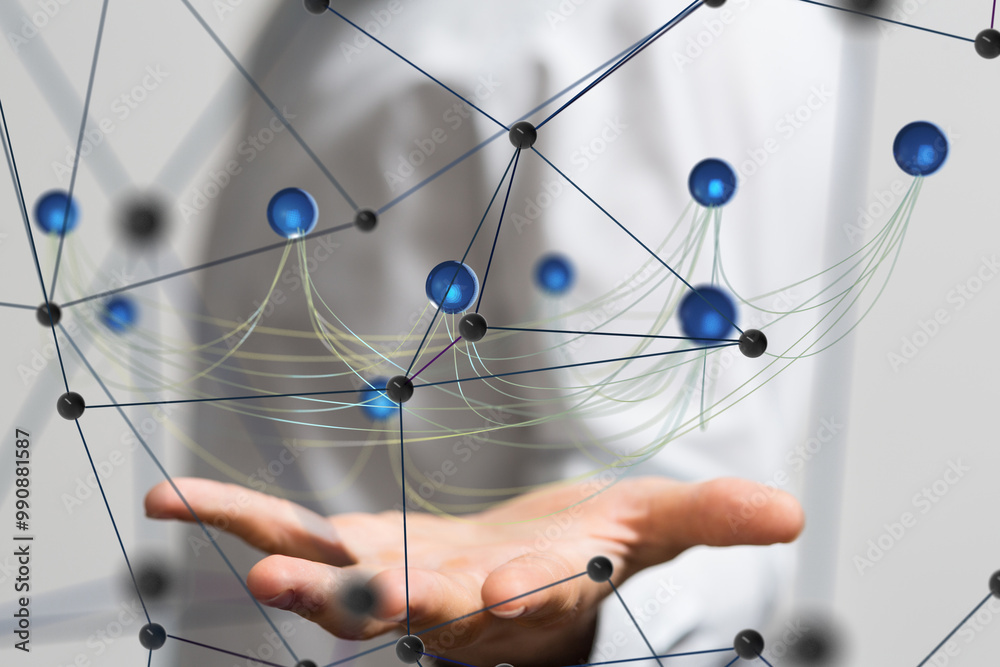 Poster network holding in hand 3d connection data