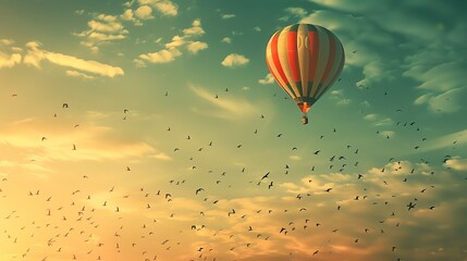 A hot air balloon floats in a cloudy sky as a large flock of birds fly below it.
