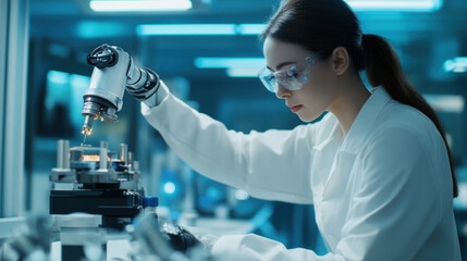 focused woman in lab coat uses robotic arm to conduct precise experiments in high tech laboratory. Her dedication to science is evident in this advanced setting
