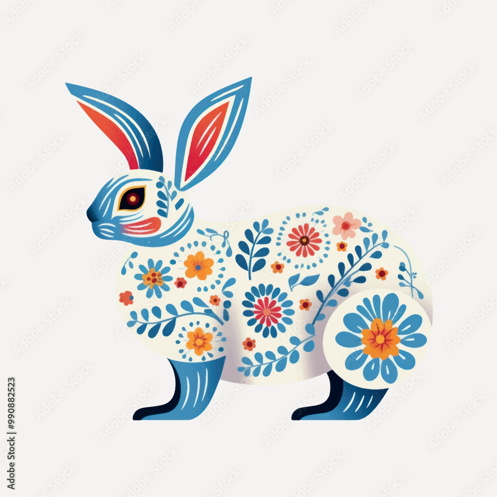 Sticker colorful floral patterned rabbit illustration