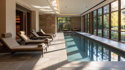 High-end indoor pool area featuring a stone-tiled floor, comfortable sun loungers, and a sleek, modern design with large windows for natural light