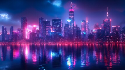 Fototapeta premium Foggy night lights up dark rooftops glowing neon graffiti bright picture