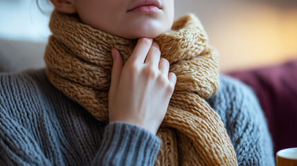 A close-up of a person sitting on a couch, gently touching their throat with one hand, showing discomfort due to a sore throat. The person is wrapped in a warm scarf, and their facial expression