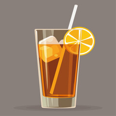 Glass of orange juice, cola, soda, lemonade, ice tea with lemon, ice and straw, vector illustration