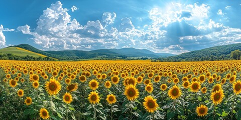 Naklejka premium Vibrant Sunflower Field Under Bright Blue Sky