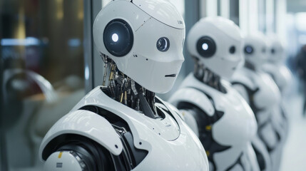 Fototapeta premium Robots are designed to assist humans in various tasks, showcasing advanced technology and collaboration potential. Their sleek design and functionality highlight future of teamwork