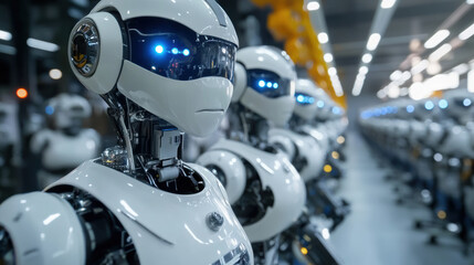 Fototapeta premium Robots in modern factory setting showcase advanced technology and automation. Their sleek design and glowing blue eyes reflect innovation and efficiency in manufacturing processes
