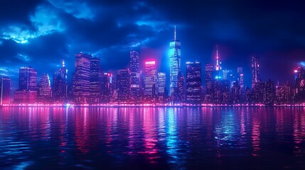 Fototapeta premium Foggy night mist over dark rooftops glowing with neon graffiti picture