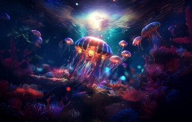 Obraz premium A colorful, bioluminescent jellyfish floats in a dark, underwater environment with red and purple coral.