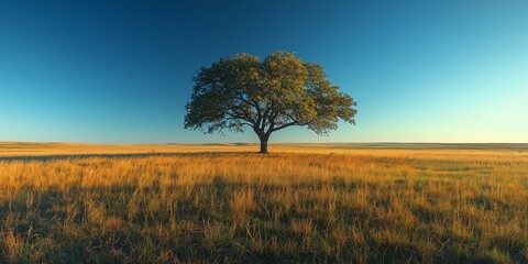 Fototapeta premium Expansive Grassland with a Single Tree at Sunset