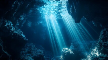 Obraz premium Breathtaking underwater landscape featuring mysterious caves and shimmering light rays breaking through the azure depths creating a mesmerizing and ethereal scene that invites and awe
