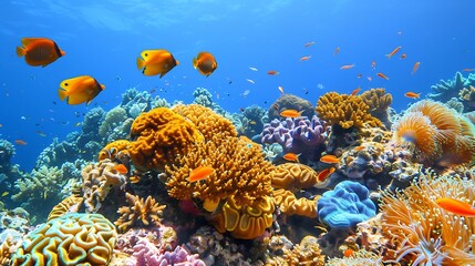 A vibrant coral reef with various colorful fish swimming around captured in clear blue water to showcase the diversity and beauty of marine life