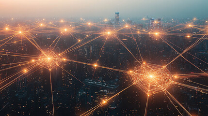 Obraz premium Wide-angle aerial view of a city skyline at night, with glowing connections between buildings and streetlights forming intricate networks representing smart urban infrastructure, featuring digital gol