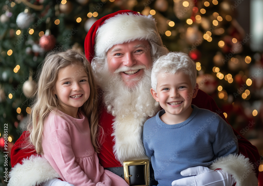 Wall mural photo of a smiling santa claus sitting on his chair, holding two happy children