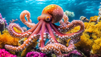 A squid sitting in a colorful coral reef