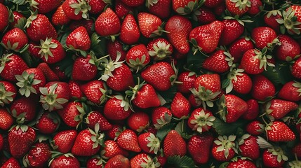 Aerial close up of a vibrant large assortment of strawberries