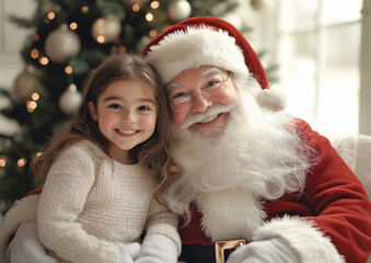 Photo of a smiling Santa Claus sitting on his chair, holding two happy children