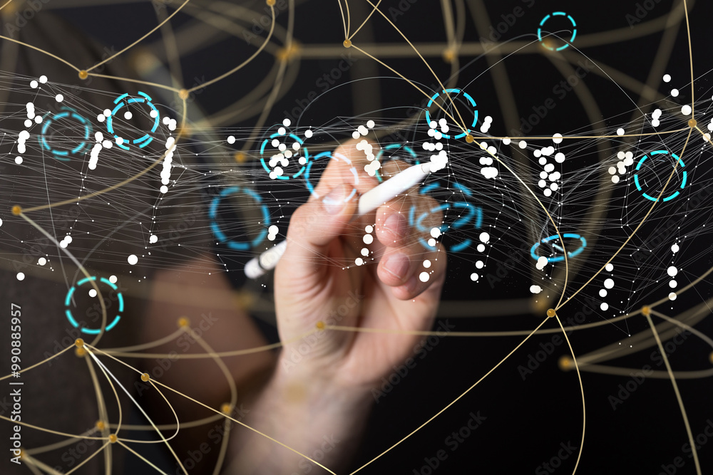 Poster Global network. Blockchain. 3D illustration. Neural networks and artificial intelligence. Abstract