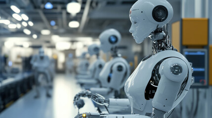 Fototapeta premium Robots in modern industrial setting enhance efficiency and precision in inspections, showcasing advanced technology and automation