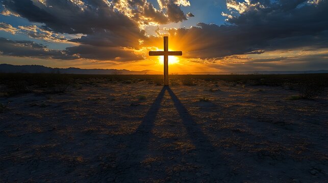 Dramatic wooden cross standing tall against a vivid sunset sky casting a long and striking shadow on the ground below  A powerful and minimalist religious symbol evoking a sense of faith