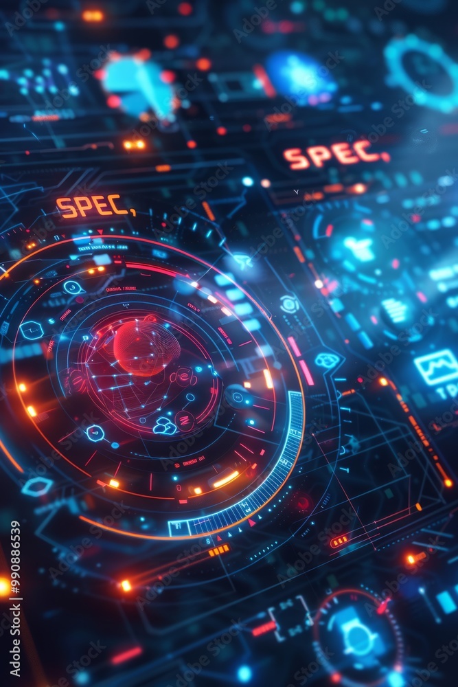 Poster futuristic digital dashboard displaying holographic data analytics and tracking information in a tec