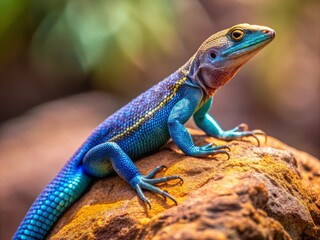 Naklejka premium Close-up of a vibrant blue-tailed lizard perched on a rock outcropping, showcasing its scaly skin and long, slender