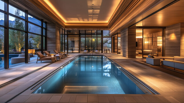 Indoor pool and lounge area with warm, natural wood tones, soft lighting, and contemporary furniture creating a tranquil, upscale vibe.