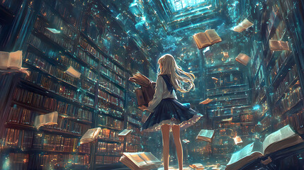 Fototapeta premium Anime girl in a magical garden, with flowers that glow and a gentle waterfall