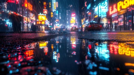 Obraz premium Dark rooftops illuminated by neon graffiti under foggy night sky picture
