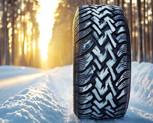 Close-up of winter tire against, snowy road surface with a backdrop of trees and sunlight.