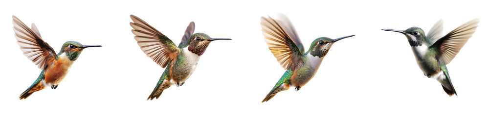 Fototapeta premium A captivating image of a tiny hummingbird in mid-flight, showcasing its blurred wings against a clear backdrop, ideal for nature and wildlife themes.