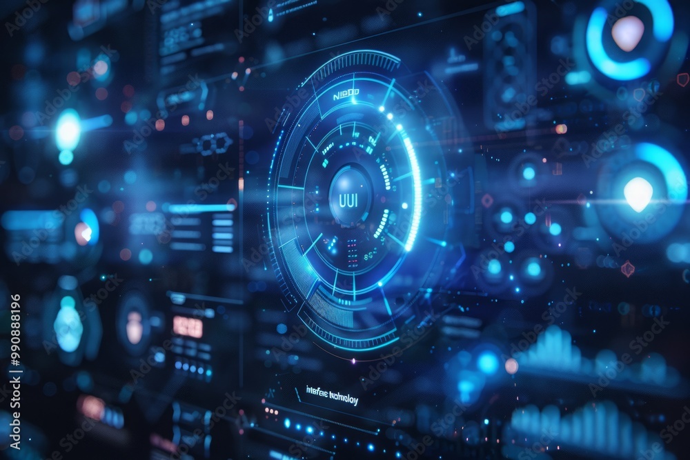 Poster futuristic interface displaying intricate technology visuals and data analysis in a digital environm