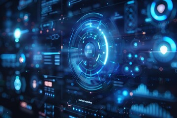 Futuristic interface displaying intricate technology visuals and data analysis in a digital environment