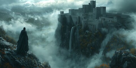 Fototapeta premium Ancient Fortress Towering Over Misty Landscape