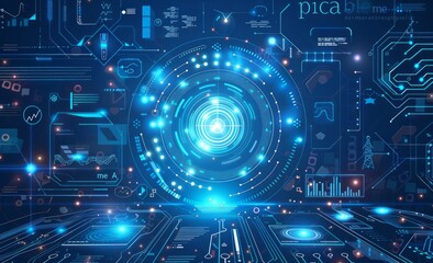 Obraz premium High-tech digital interface showcasing futuristic technology, data visualization, and geometric patterns in vibrant blue tones