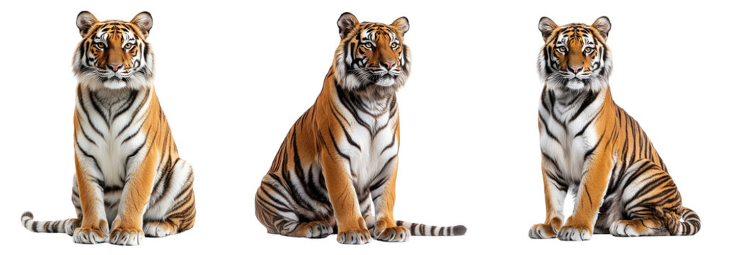 Stunning image of a majestic tiger sitting confidently, showcasing its strength and beauty, perfect for wildlife and nature-themed projects.