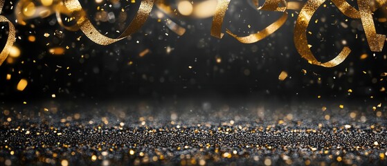 A sparkling background with golden confetti and ribbons. Perfect for celebration, party themes, and festive decorations.