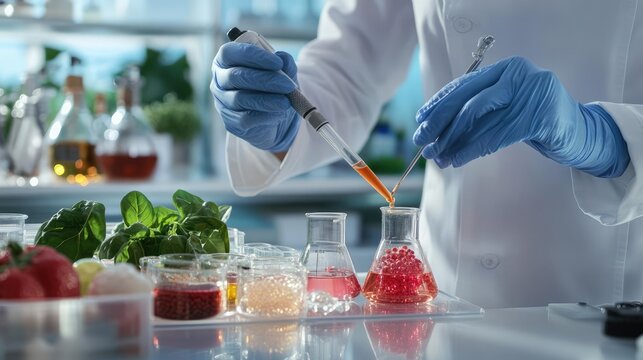 Scientist testing artificial flavor compounds in a futuristic lab, flavor innovation, food science