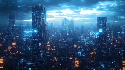 Naklejka premium City skyline at dusk with glowing buildings and dramatic clouds.