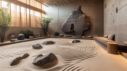 Indoor Zen space with a sand garden, raked patterns, and minimalist decor, featuring earthy tones and organic textures for relaxation