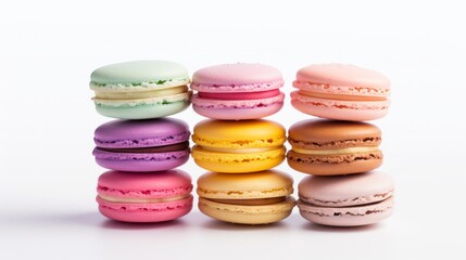 Colorful french macaroon cookies isolated on white background. Neural network ai generated art