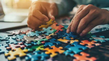 Fototapeta premium Individual Assembling a Colorful Puzzle on a Table
