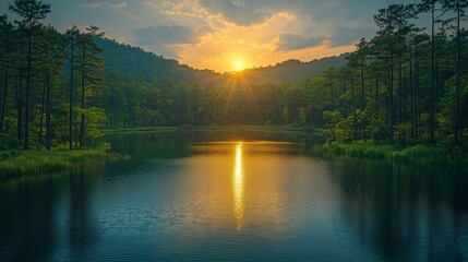 Naklejka premium Serene Sunset Over Tranquil Wildlife Sanctuary