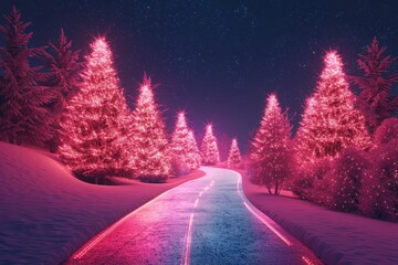 Magical winter road lined with glowing pink Christmas trees under a starry night sky