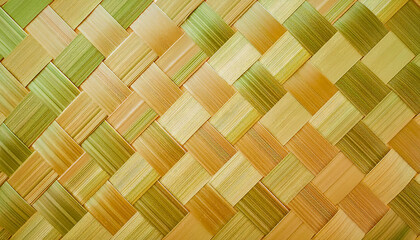 Beautiful background from light green geometrical square woven natural wooden strips pattern or wickerwork bamboo texture background