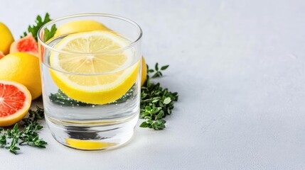 Fototapeta premium Clear glass of mineral water with a slice of lemon, surrounded by fresh fruits and herbs, symbolizing healthy hydration and replenishment